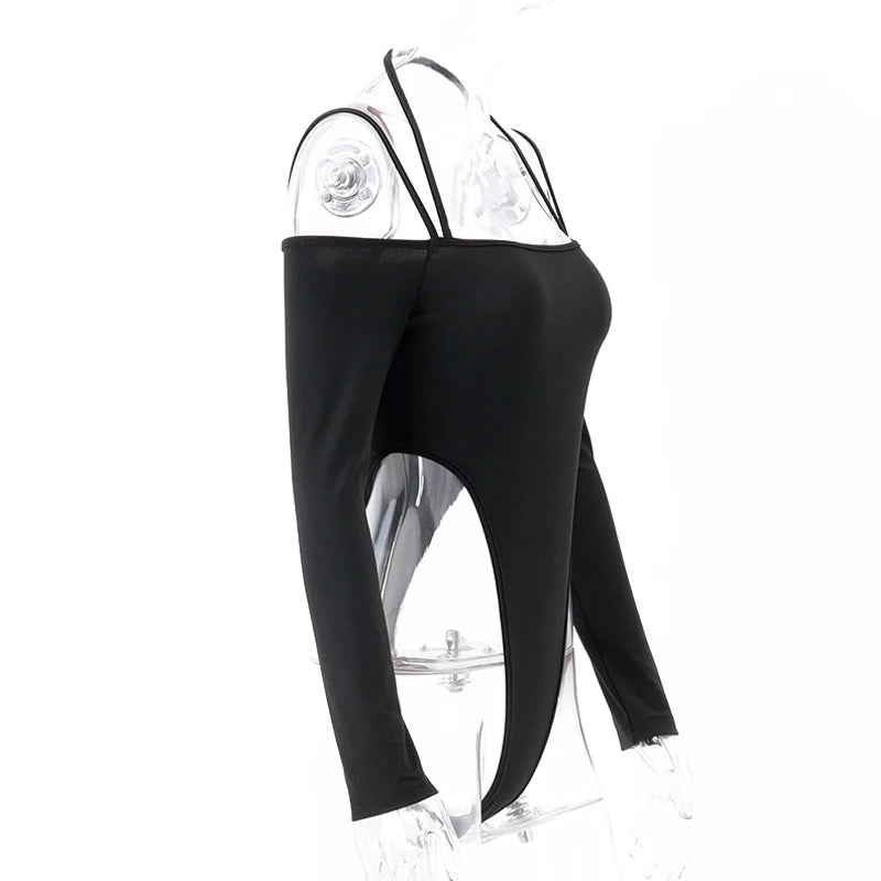 Bxoxo Sexy Off Shoulder Halter Bodysuit Aesthetic Spaghetti Straps Long Sleeve T Shirt Women Slim Fit Party Clubwear Bodysuits
