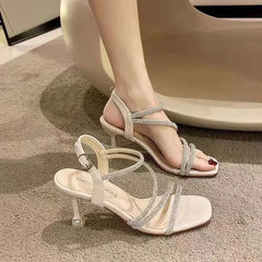 BXOXO  French Rhinestone Sandals Fashion Fine Heel High Heel Sandals Women's Summer New Fairy Style Thin High Heels Shoes