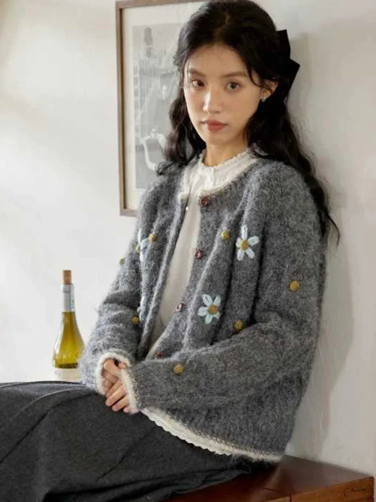 Bxoxo Elegant Floral Gray Cardigan Women Lazy Wind Long Sleeve Sweet Knitted Sweaters Vintage Japan Casual O Neck Female Retro Tops
