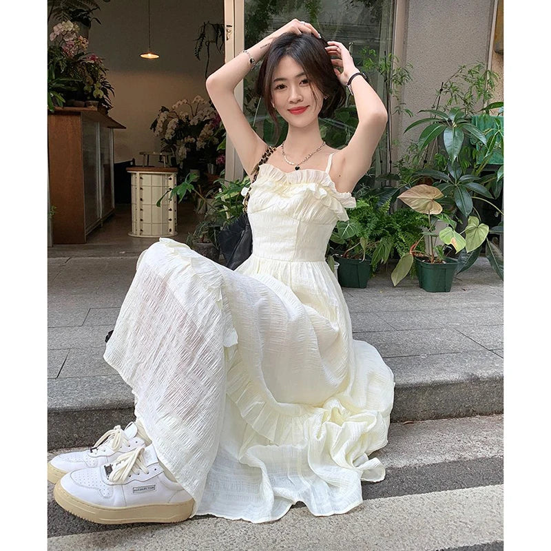 Bxoxo Vintage Ruffle Dress Women Korean Solid Sweet Elegant Preppy Midi Dress Summer Casual Sleeveless Spaghetti Straps A Line Dress