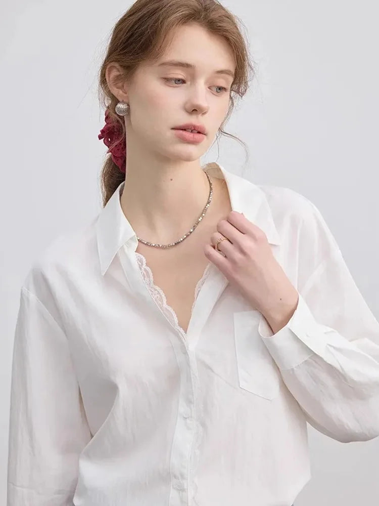 Bxoxo Lace Patchwork White Shirt Women Elegant Long Sleeve Vintage Blouse American Casual Autumn Female Sweet Pocket Retro Tops