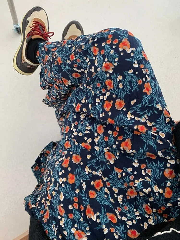 BXOXO Vintage Blue Flower Print Skirt for Women Summer New High Waist A-line Skirts Lazy All-match Mid-length Loose Faldas Mujer