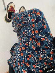 BXOXO Vintage Blue Flower Print Skirt for Women Summer New High Waist A-line Skirts Lazy All-match Mid-length Loose Faldas Mujer
