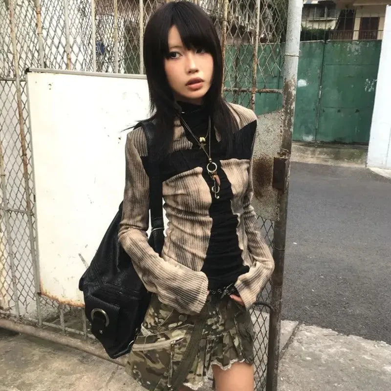 BXOXO Vintage T Shirt Women Patchwork Long Sleeve Skinny Tee Tops Streetwear Y2k Aesthetic Grunge Tops Tie Dye Tee Tops 2000s