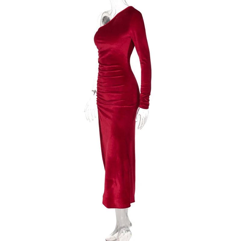 Bxoxo Women Elegant Long Sleeve Party Evening Velvet Bodycon Split Pencil Midi Dress 2024 Spring Autumn Clothes