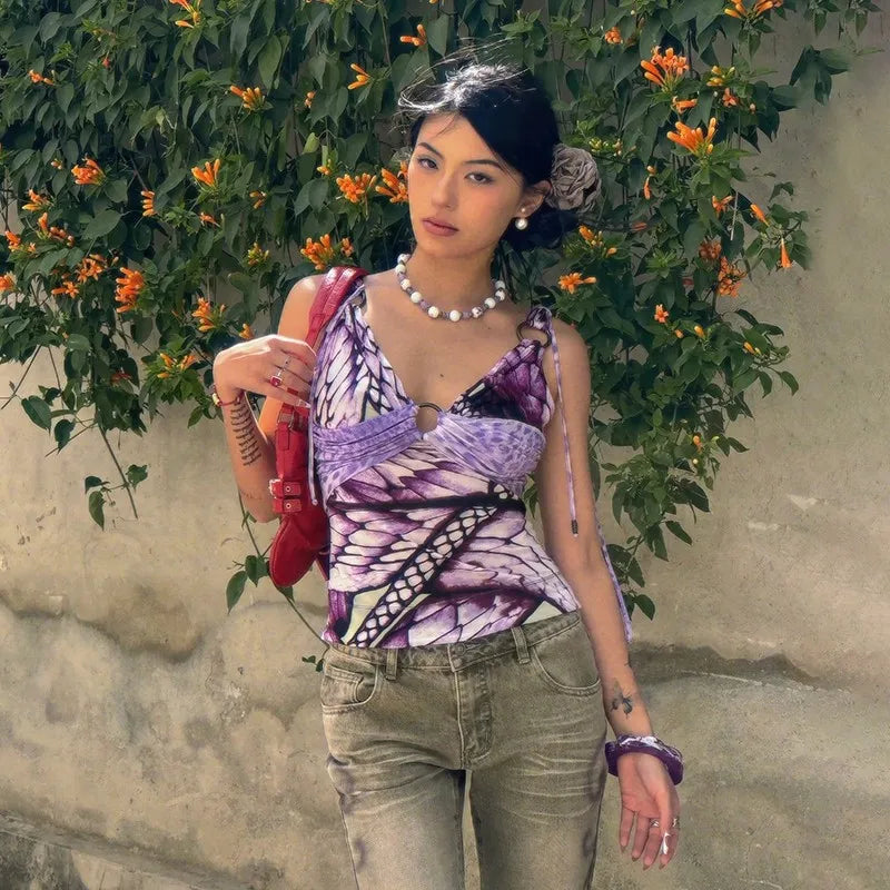 Bxoxo Japanese Y2k Purple Camisole Trashy 2000s V-neck Tank Top Grunge Aesthetics Backless Crop Top Vintage Harajuku Camis Top