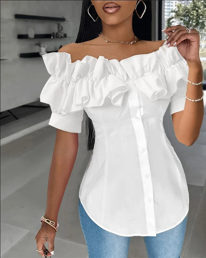 BXOXO Sexy One-piece Collar Slim White Shirt And Blouses Women's Summer Short Sleeve Fashion Ruffle Button Cardigan Female Shirts Top