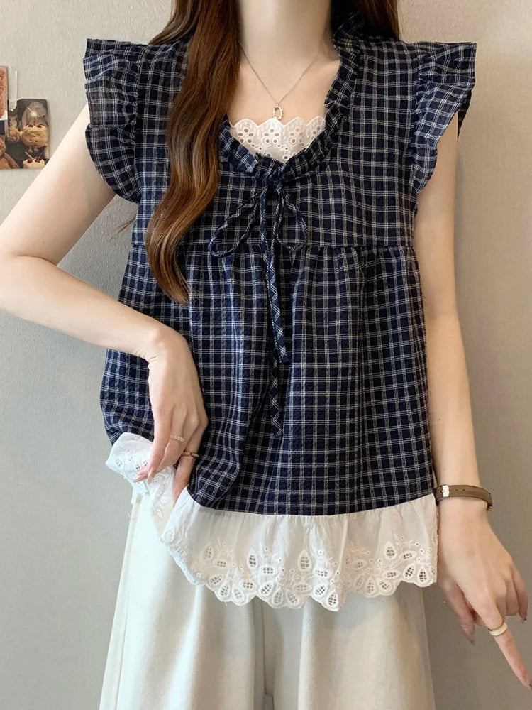 BXOXO Lace Patchwork Plaid Shirt Women Casual Loose Flying Sleeve Vintage Blouse Preppy Style Sweet Korean Lady Retro Summer Tops