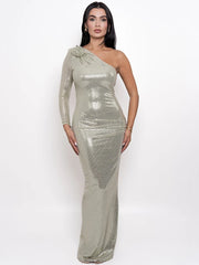 BXOXO Glitter Skew Collar Backless Sexy Maxi Dress For Women Gown Sparkle Rose One Shoulder Bodycon Evening Long Dress