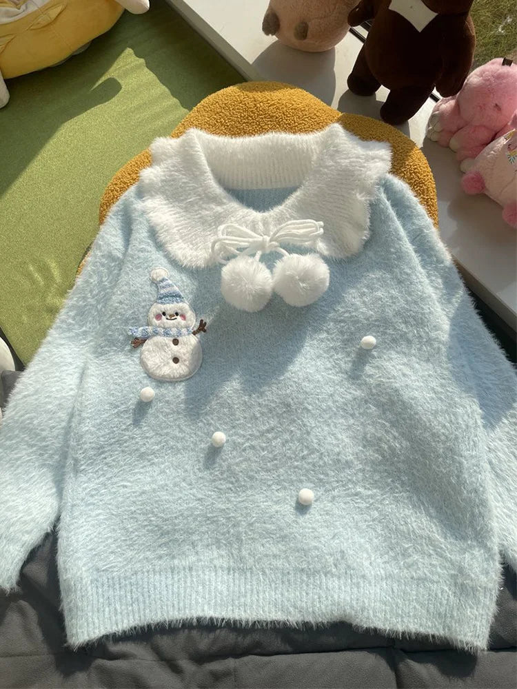 Bxoxo Sweet Faux Mink Cashmere Sweaters Women Kawaii Snowmen Long Sleeve Knitted Pullover Casual Cute Preppy Style Chic Loose Jumpers