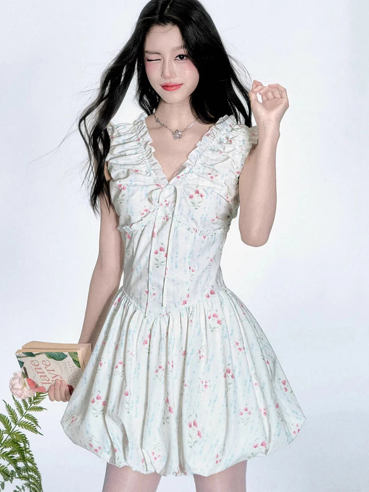 BXOXO Floral V Neck Sexy Dress Women Casual Elegant Sleeveless Mini Dress Vintage Lace Up Female Korean Summer Beach Style Dress