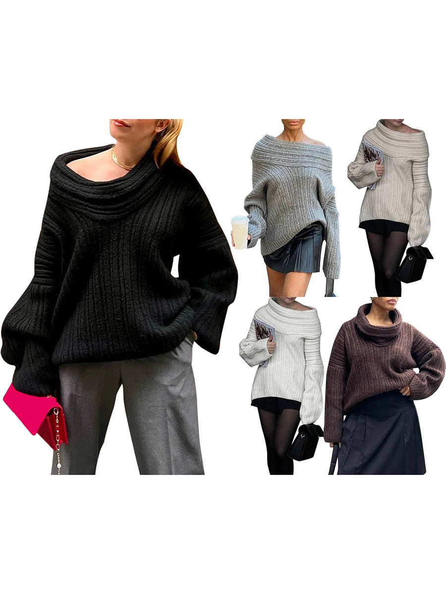 Bxoxo Women y2k Loose Knit Sweater Solid Color Long Sleeve Boat Neck Off Shoulder Pullovers Fall Winter Casual Jumpers Streetwear
