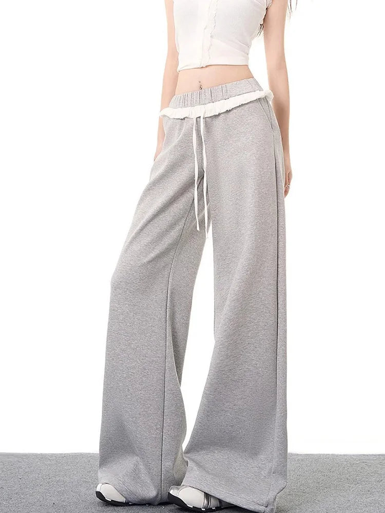 Bxoxo Elegant Vintage Gray Sweatpants Women High Waist Korean Sweet Wide Leg Pant Fall Retro Loose Ruffles Pockets Lady Trousers