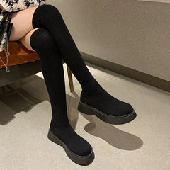 BXOXO Autumn Winter Women Platform Over The Knee Boots Ladies Stretch Knitted Socks Long Boots Slip-On Thick Bottom Shoes Woman