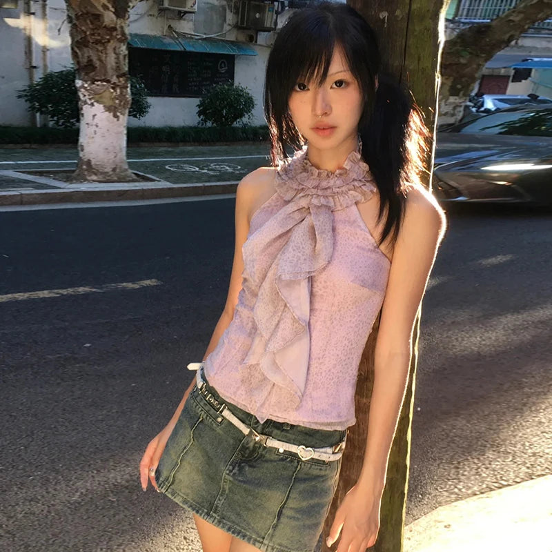 BXOXO Y2k Japanese Tank Tops Women Leopard Sleeveless T-shirt Streetwear Fairycore 2000s Aesthetic Lace Camis Ruffles Summer