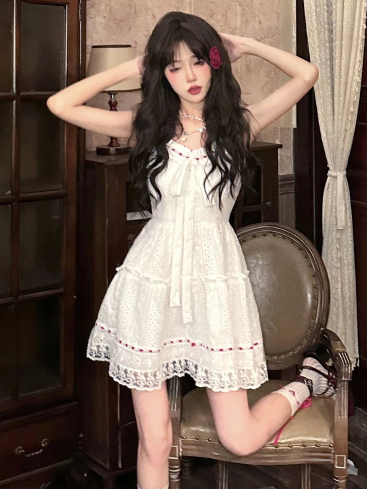 Bxoxo Sweet Lace Patchwork Camis Dress Women Sexy Spaghetti Straps Bow Dress Female Casual Cute Princess Wedding Party Dress New