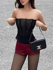 BXOXO Summer Sexy 2Piece Set Women See Through Fishbone Mesh Strapless Tops+Mini Sequins Shorts Midnight Hottie Matching Suits