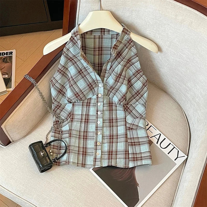 Bxoxo Retro Plaid Off Shoulder Women Shirt Summer Harajuku Single Breasted V Neck Top Korean Chic Sleeveless Crop Camis Blouse Mujer