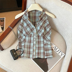 Bxoxo Retro Plaid Off Shoulder Women Shirt Summer Harajuku Single Breasted V Neck Top Korean Chic Sleeveless Crop Camis Blouse Mujer