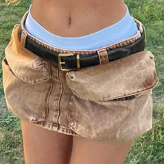 BXOXO Grunge Harajuku Cargo Mini Skirts Vintage Streetwear Denim Skirts Women A-line Low Waist Pocket Patch Clothes y2k 90S
