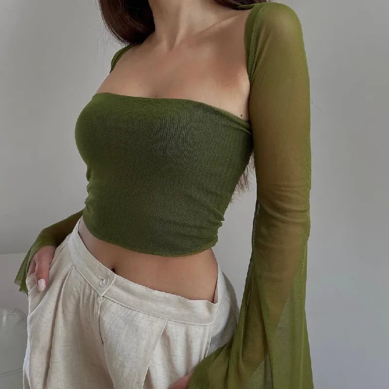 Bxoxo Aesthetic Vintage Women 2 Piece Sets Green Strapless Tank Top With Sexy Mesh Sheer Flare Long Sleeve Shawl Street Outfit