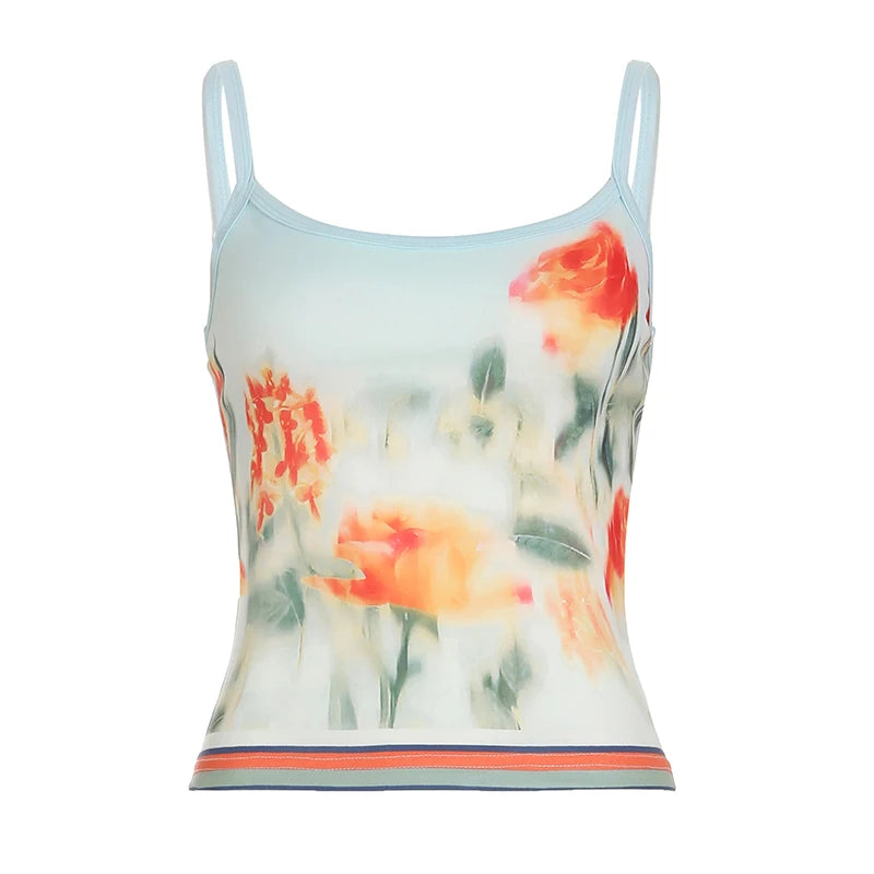 BXOXO Summer Casual Skinny Knitted Crop Top Women Holiday Style Floral Print Sleeveless Strap Tops y2k Aesthetic Tee Streetwear