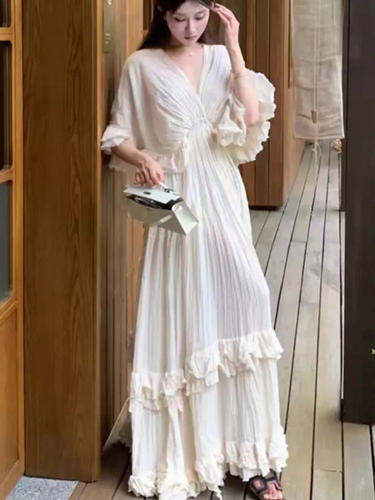 Bxoxo Women's Ruffles Fairy French Dress V-Neck Full Skirt Short Sleeves Long Dressses Beach Holiday Vestidos 2025 Summer Fashion New