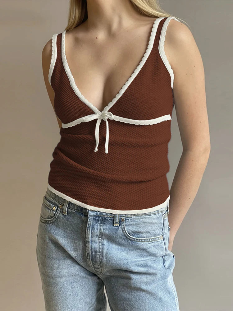 Bxoxo Knitted Deep V-neck Bow Women Crop Top Blue Patchwork Spaghetti Strap Tank Top Female Spring Slim Casual Streetwear 2024