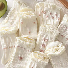 BXOXO Simple White Socks Versatile Lovely Bowknot Small Flowers Women's Medium Tube Socks kawaii Harajuku jk Lolita Girls Cotton Socks