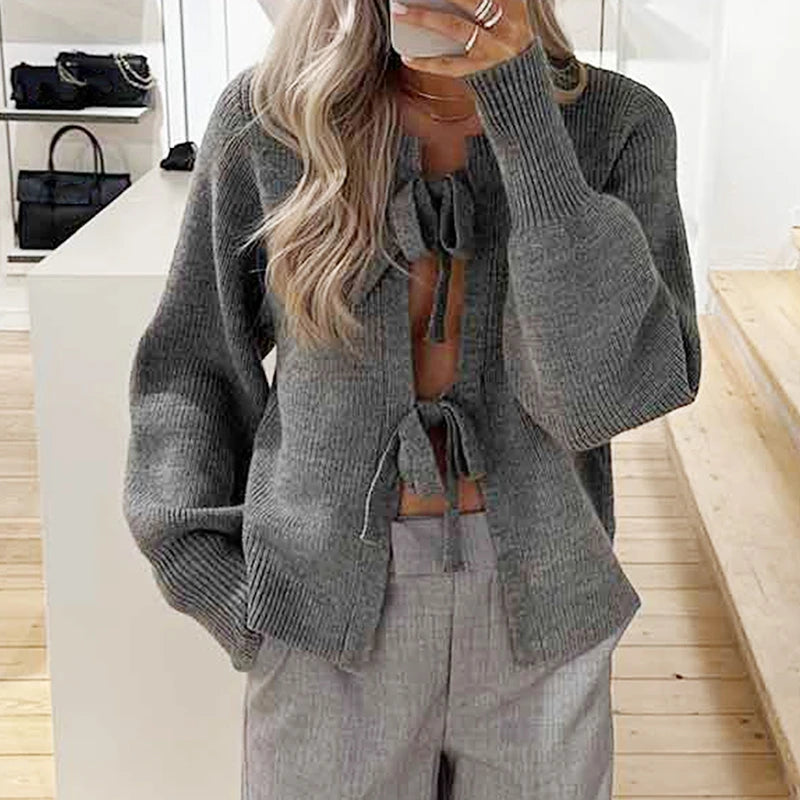 Autumn Winter Knit Cardigan Y2K Kawaii Tie Front Long Sleeve Sweater Coat Women Fashion Loose Fit Knitwear Jackets Streetwear