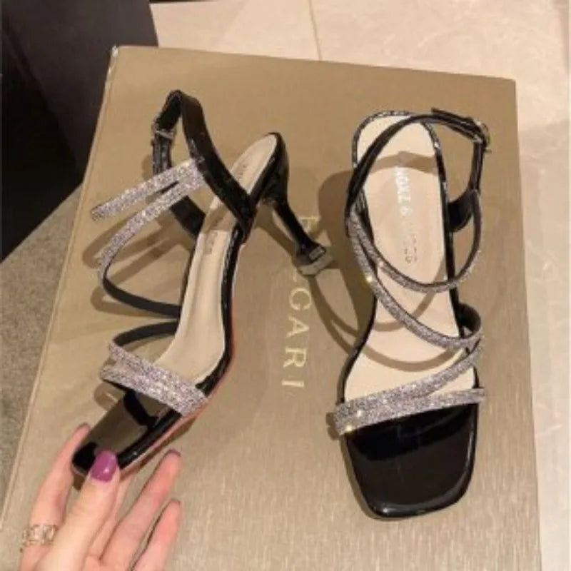 BXOXO  French Rhinestone Sandals Fashion Fine Heel High Heel Sandals Women's Summer New Fairy Style Thin High Heels Shoes