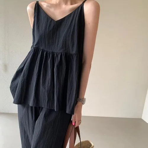 Bxoxo Chic Summer V-ne Casual Wide-leg Pants Set with Pleated Top + High-waist Faionable Women's Ensemble