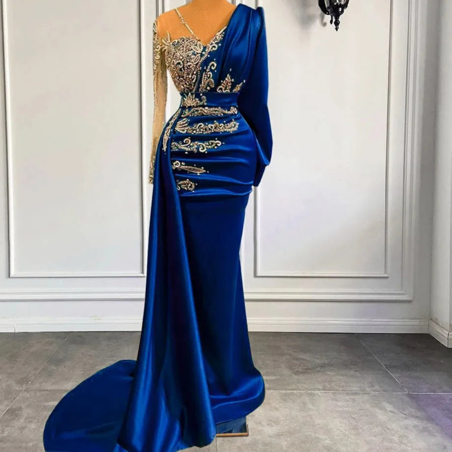 BXOXO Luxury Long Sleeve Mermaid Evening Dresses Sparkly Crystals Elegant Satin Dubai Women Formal Party Evening Gowns Sheer Neck