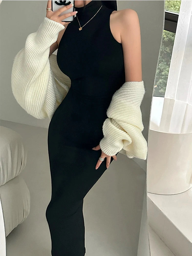 BXOXO Red Skinny Sexy Turtleneck Midi Dress Women Evening Party Ladies Elastic Hip Wrap Elegant Bodycon Dresses Y2k Clothing