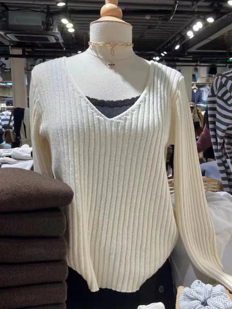 Bxoxo Vintage Navy Knitted Sweaters Women 2023 Autumn Sweet V Neck Long Sleeve Slim Y2k Tops Ladies Harajuku Cute Cotton Pull Sweater