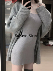 BXOXO Gray 2 Piece Dress Set Women Casual Long Sleeve Cardigan + Bodycon Strap Sweater Dress Evening Party Knitted Suit