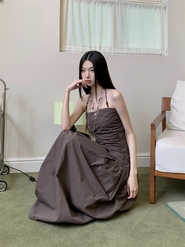 Bxoxo Ruched Backless Halter Maxi Dress For Woman Summer 2025 Tunic Ball Gown Strapless Long Dress Elegant Party Clothes