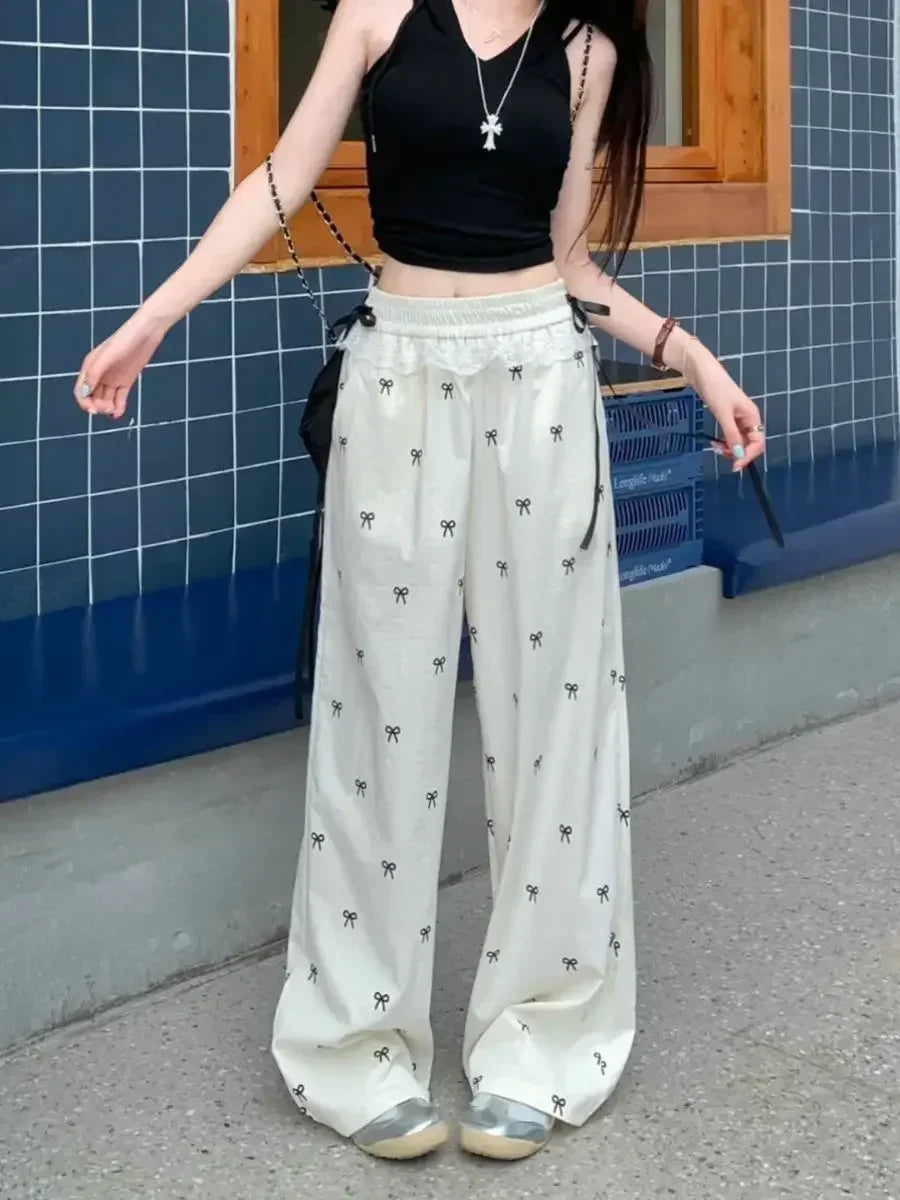 Bxoxo Fashion Lace Patchwork Women Casual Pants Summer Loose Preppy Bow Print Jogging Pants High Waist All Match Straight Trousers