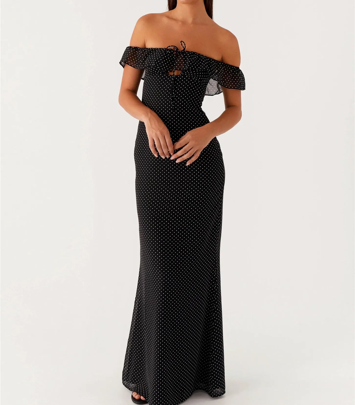 BXOXO Women Off Shoulder Long Dress Slim Dot/Plaid Tie-up Cut Out Ruffle Sleeve Backless Bodycon Dress for Party Club