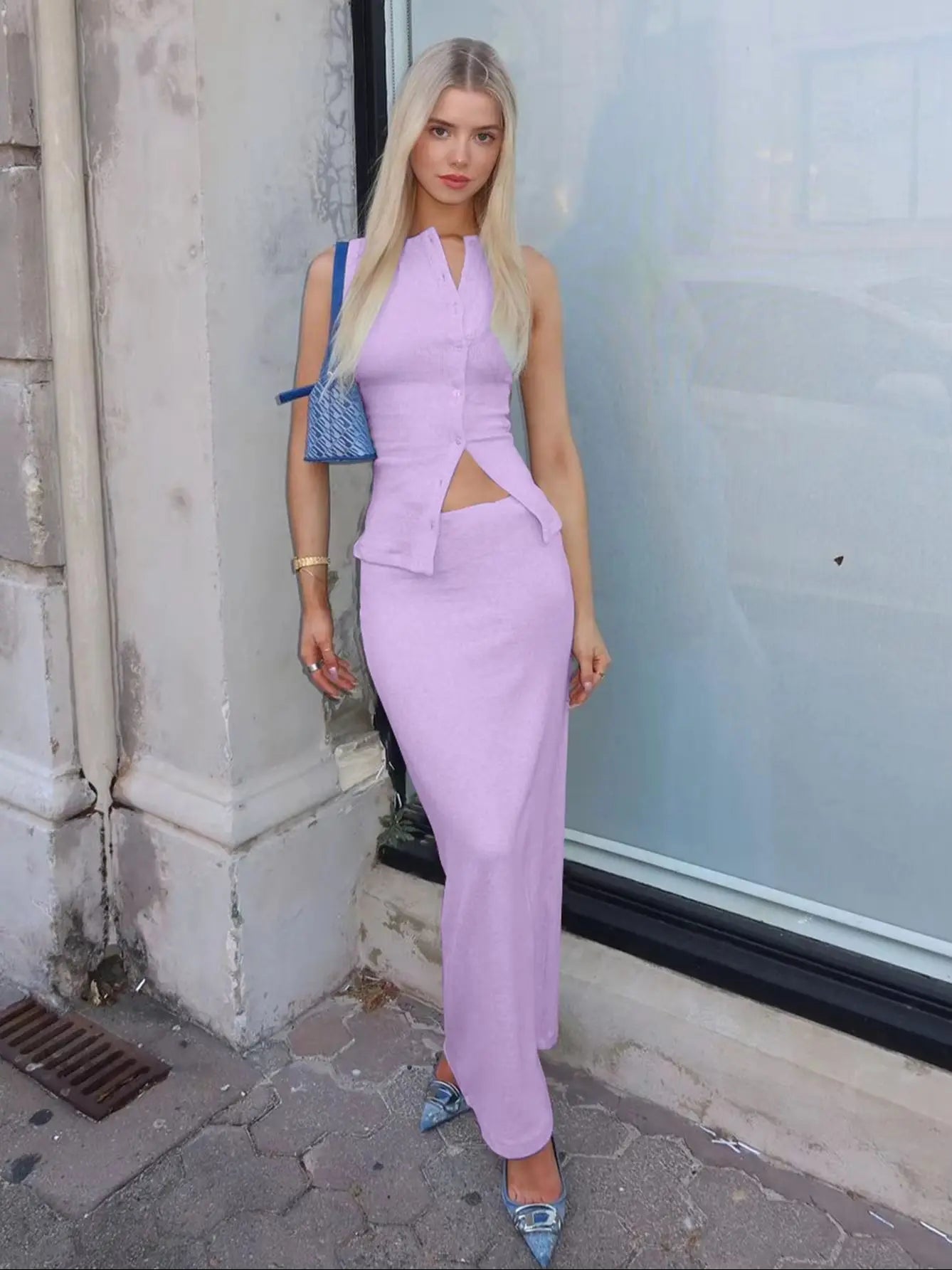 Bxoxo Matching Suit Sleeveless Ribbed Single-Breasted Top Shirt Maxi Skirt 2024 Spring Summer Women'S Clothing Sexy Streetwear