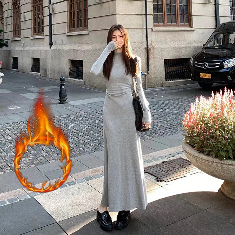 BXOXO  Autumn Half Turtleneck Dress Women Korean Elegant Black Hepburn Style Midi Dress Y2K High Waist Long Sleeve Warm A Line Vestidos