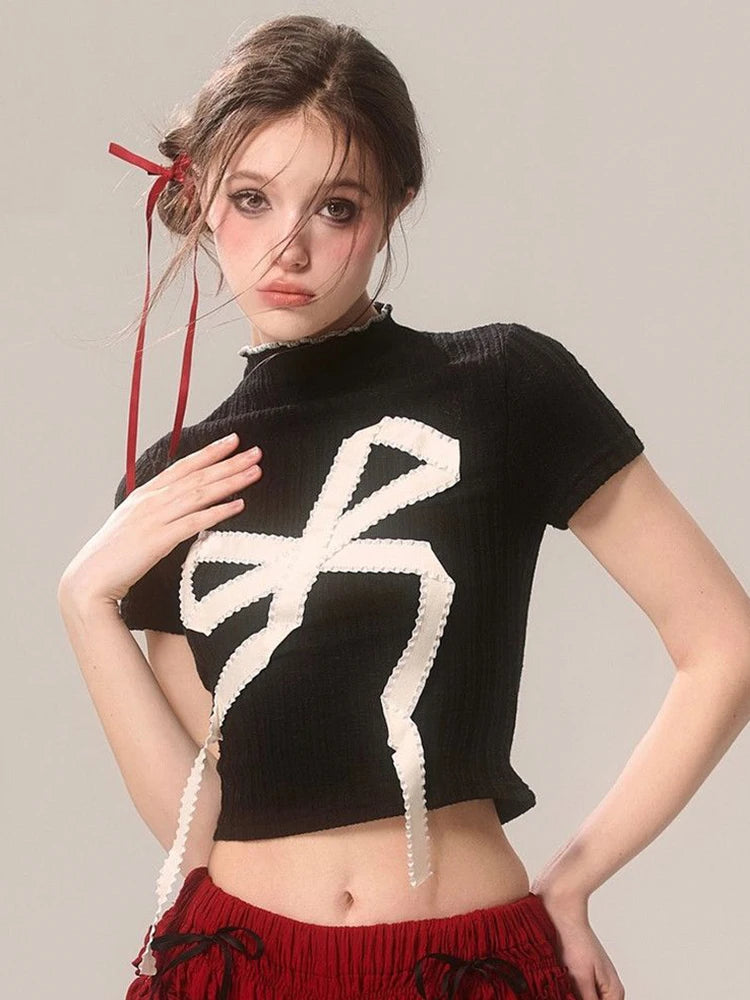 Bxoxo Cropped Slim Y2K T Shirt Women Streetwear Bow Print Sexy Short Sleeve Tees Vintage American Gothic Harajuku Black Tops New