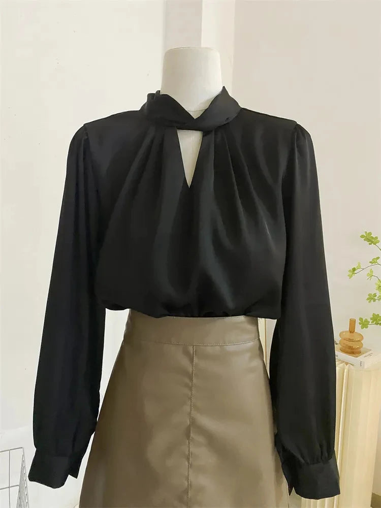 Bxoxo Spring Scarf Collar Women Blouse Fashion Long Sleeve Solid Elegant Office Lady Casual Tops Korean Chic Lace Up All Match Shirt