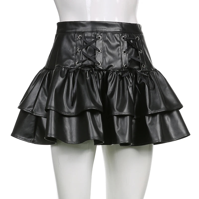 Bxoxo PU Leather Mini Skirts Punk Style High Waist Lace Up Bandage Black Pleated Skirt Streetwear Girls Dark Academia Clothes
