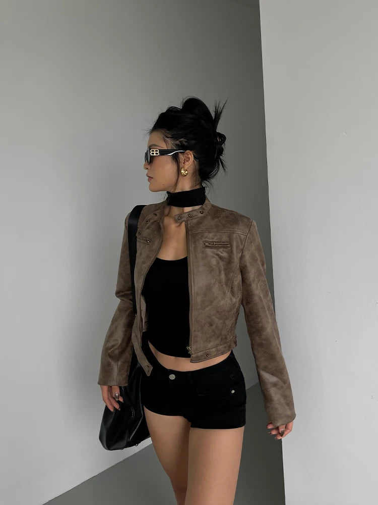 BXOXO Stand Collar Jacket Leather Short Coat Women Autumn New Straight Tube Slim Short Motorcycle Jacket Korean Sweet