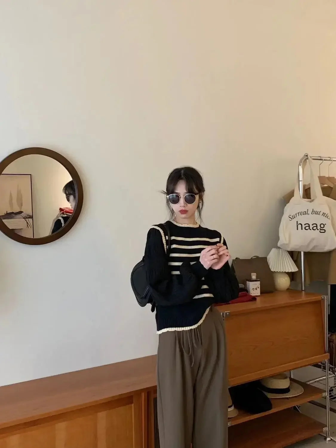Bxoxo women Black and white striped fake two-piece knitted sweaters pring and autumn Korean soft glutinous pullover sweater female