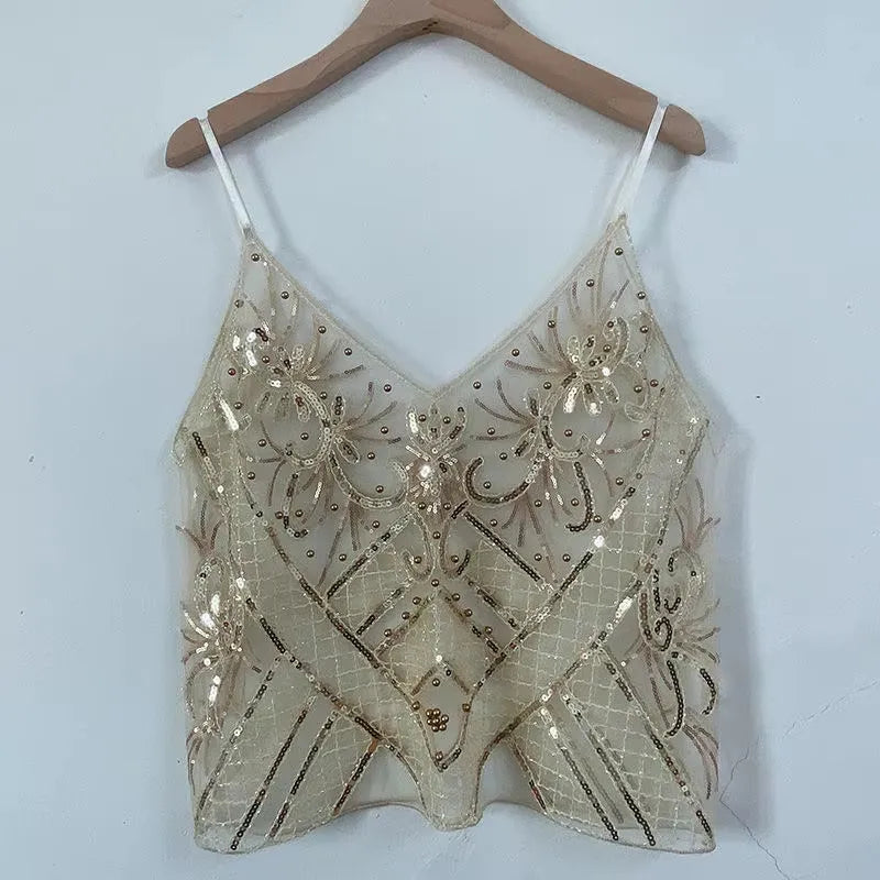 BXOXO Bling Sequined Tanks Tops Women Sexy Beaded Work Mesh Tops Chic Women Sparkly Cami Vest Femme Summer Streetwear