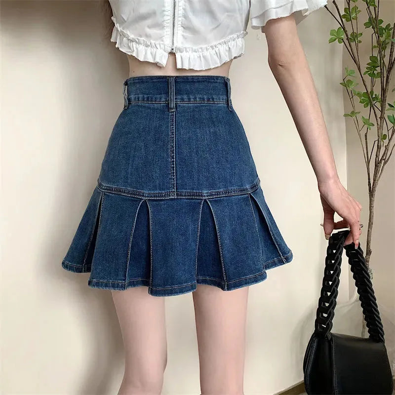 Bxoxo Vintage Blue Denim Pleated Skirt Women Y2K High Waist Ruffle All Match Mini Skirt Ladies Korean Streetwear A Line Jean Skirts
