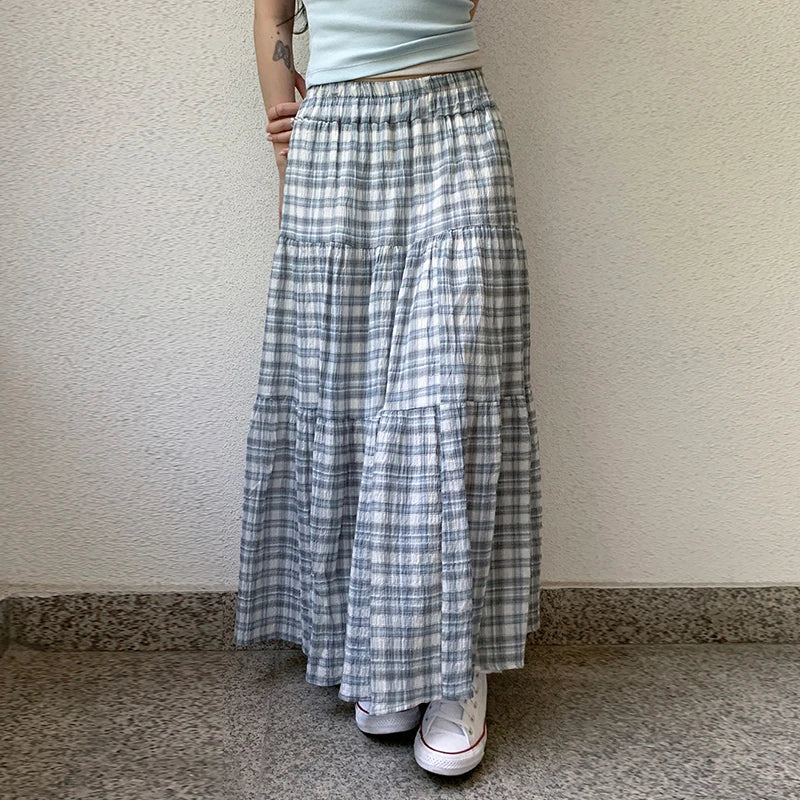 Bxoxo Lady Plaid Print Loose Long Skirts Summer Vintage 2000s Elastic Low Rise A-line Skirts for Women y2k Aesthetic