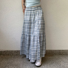 Bxoxo Lady Plaid Print Loose Long Skirts Summer Vintage 2000s Elastic Low Rise A-line Skirts for Women y2k Aesthetic